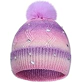 KDVOG Kids Winter Knit Hat with Pompom - Sparkly Sequin & Pearl Rhinestone Beanie, Warm Ski Cap for Boys & Girls Ages 3-14(Pearls-Pink Purple,7-14 Y)