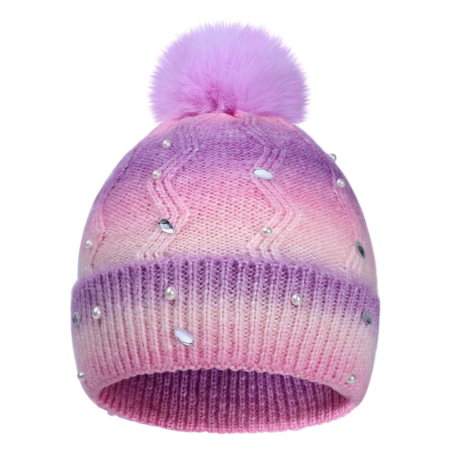 Photo 1 of BAOPLAYKIDS Kids Toddler Winter Hat with Pom Pom, Pearl Rhinestones Teen Beanie Hats for Girls Boys, Cute Warm Knit Beanies Cap for Age 3-12 Rainbow Pink Purple 7-12 Years