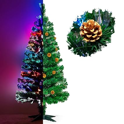 Künstlicher Glasfaser Weihnachtsbaum 150 cm mit LED Beleuchtung und echten vergoldete Zapfen Christbaum Tannenbaum