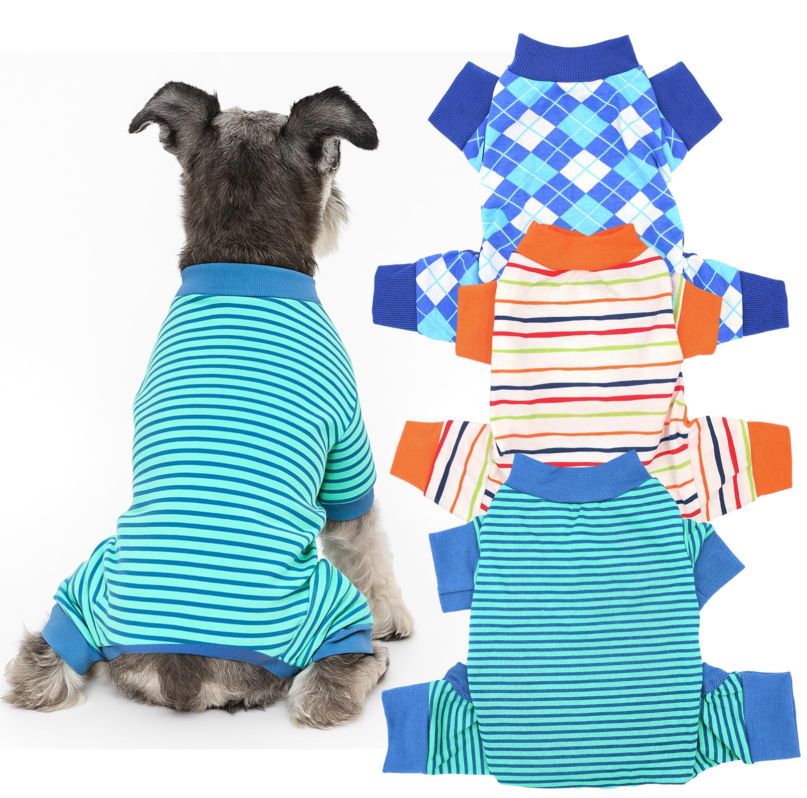 Photo 1 of 3 Pack Dog Pajamas Dog Onesie for Small Dogs, Lightweight Puppy PJs with Easy Snap Belly, Tail Opening Striped Checkered Sleepwear M