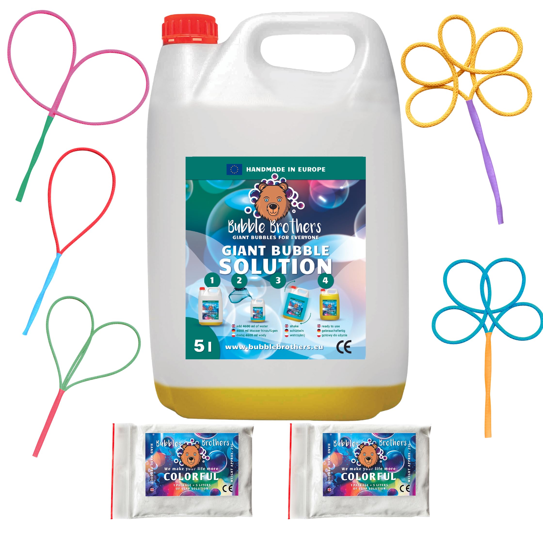 Bubble Brothers Premium Giant Bubble Solution 10L Concentrated Bubble Mix & Extra Powder for Big Bubbles Bubble Wands and Bubbles Machines Bubble Liquid (1 x 5L + 2 Powders + 5 Bubble Makers)