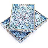 Hiceeden Set of 2 Boho Floral Serving Tray with Handles, 15.7" x 11.8" Decorative Plastic Ottoman Tray, Modern Large Coffee Table Server for Living Room, Bathroom, Kitchen, Rectangle, Blue
