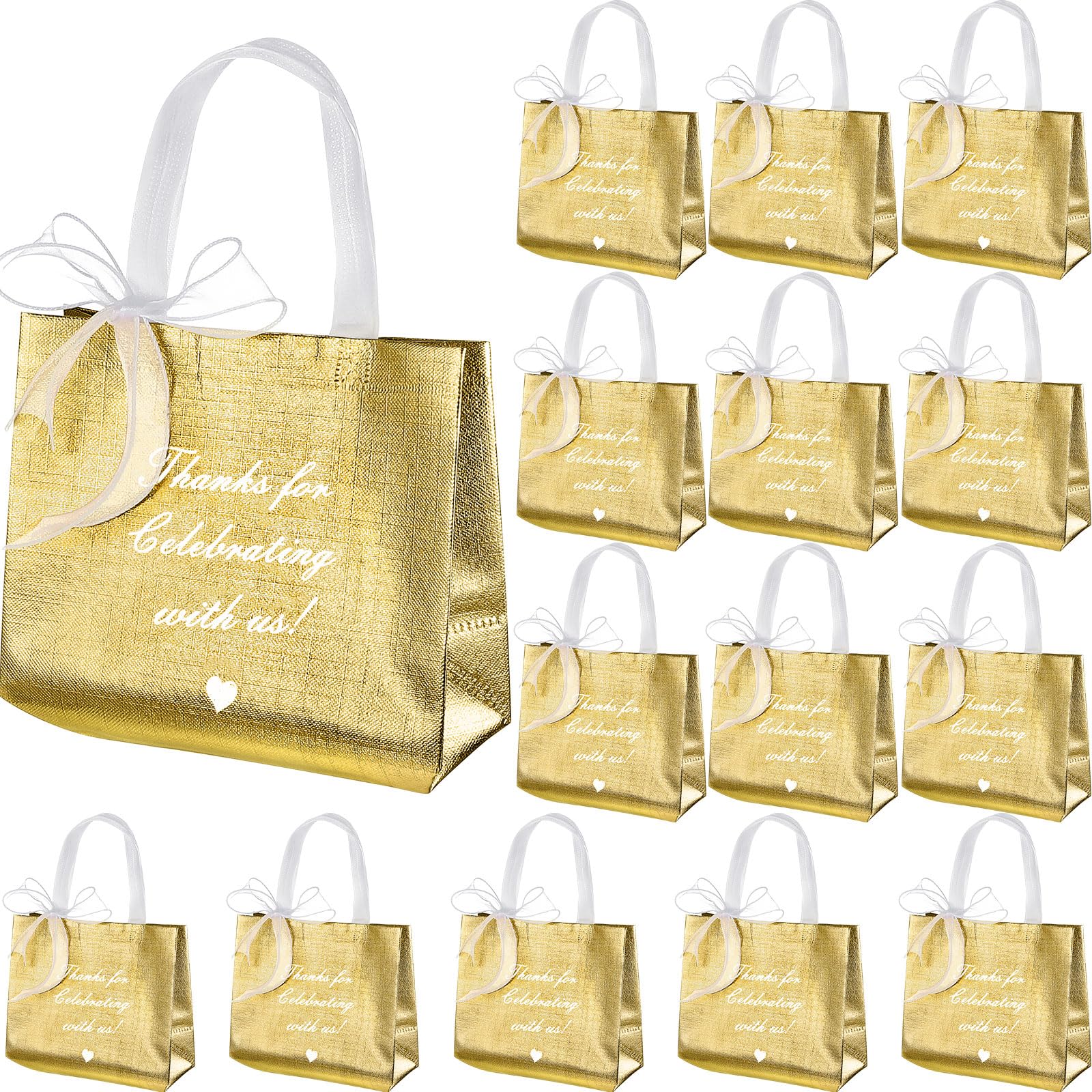 Photo 1 of 50 Pcs Thank You Gift Bags with Handles and 12 Roll Bow Ribbon, Reusable Nonwoven Return Gift Bags 9.7 x 8 x 4 Inch Glossy Wedding Welcome Tote for Birthday Baby Shower Anniversary Party(Gold)