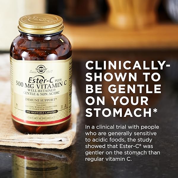SOLGAR ESTER-C PLUS 500 MG VITAMIN C (ASCORBATE COMPLEX), 100 VEGETABLE CAPSULES – GENTLE & NON ACIDIC – ANTIOXIDANT & IMMUNE SUPPORT – NON GMO, VEGAN, GLUTEN-FREE, KOSHER – 100 SERVINGS
