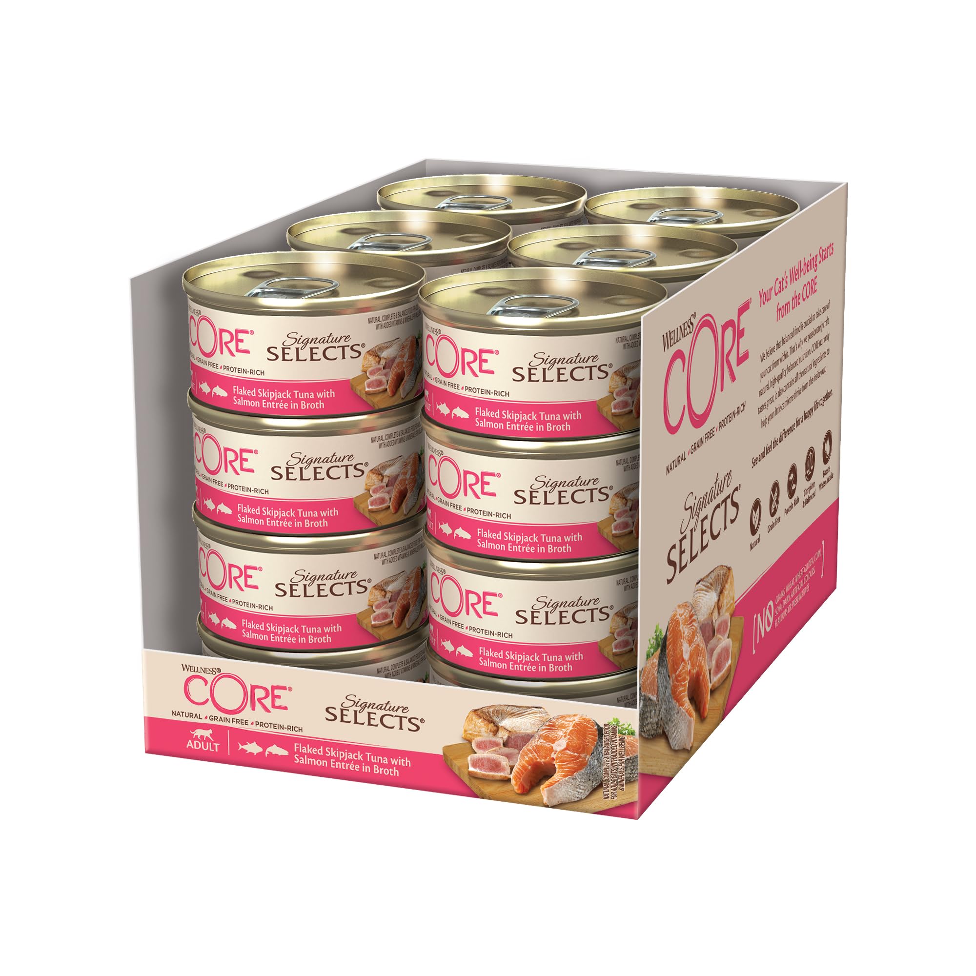 Wellness CORE Signature Selects 24 x 79g, Flaked Skipjack Tuna & Salmon – Wet Cat Food, Delicious Flakes in Broth, Grain-Free, Natural, Hypoallergenic, Protein-Rich, High Fish Content