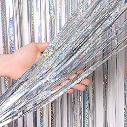 2 Pack 3.2 ft x 9.8 ft bling Silvery Tinsel Curtain