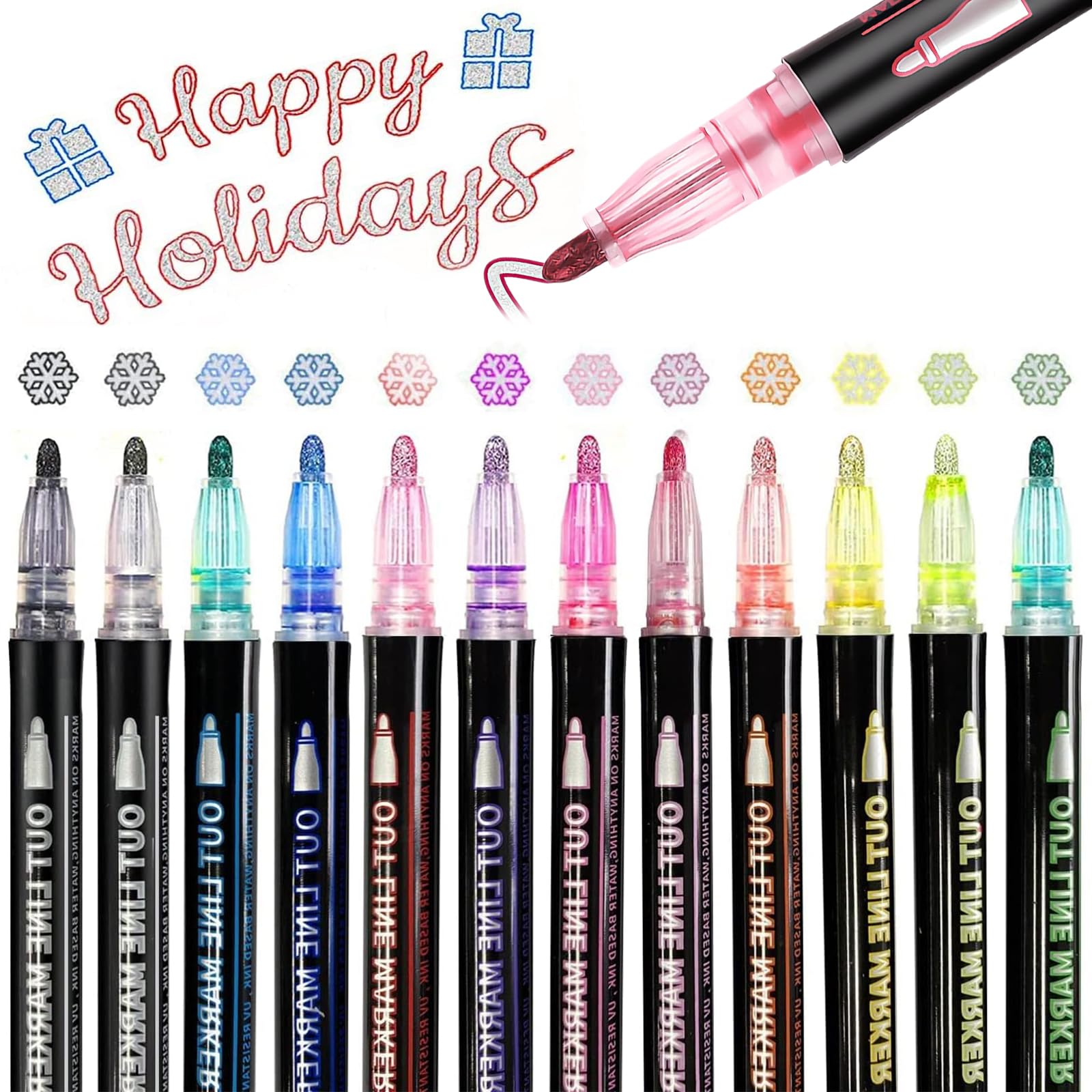 hirsrian 12 Colors Double Line Pen Outline Markers, Glitter Paint Pens Metallic Drawing Makers Colored Pens for Illustration Card Wood Rock DIY Art Crafts, Gifts for Teenage Girls Birthday Christmas