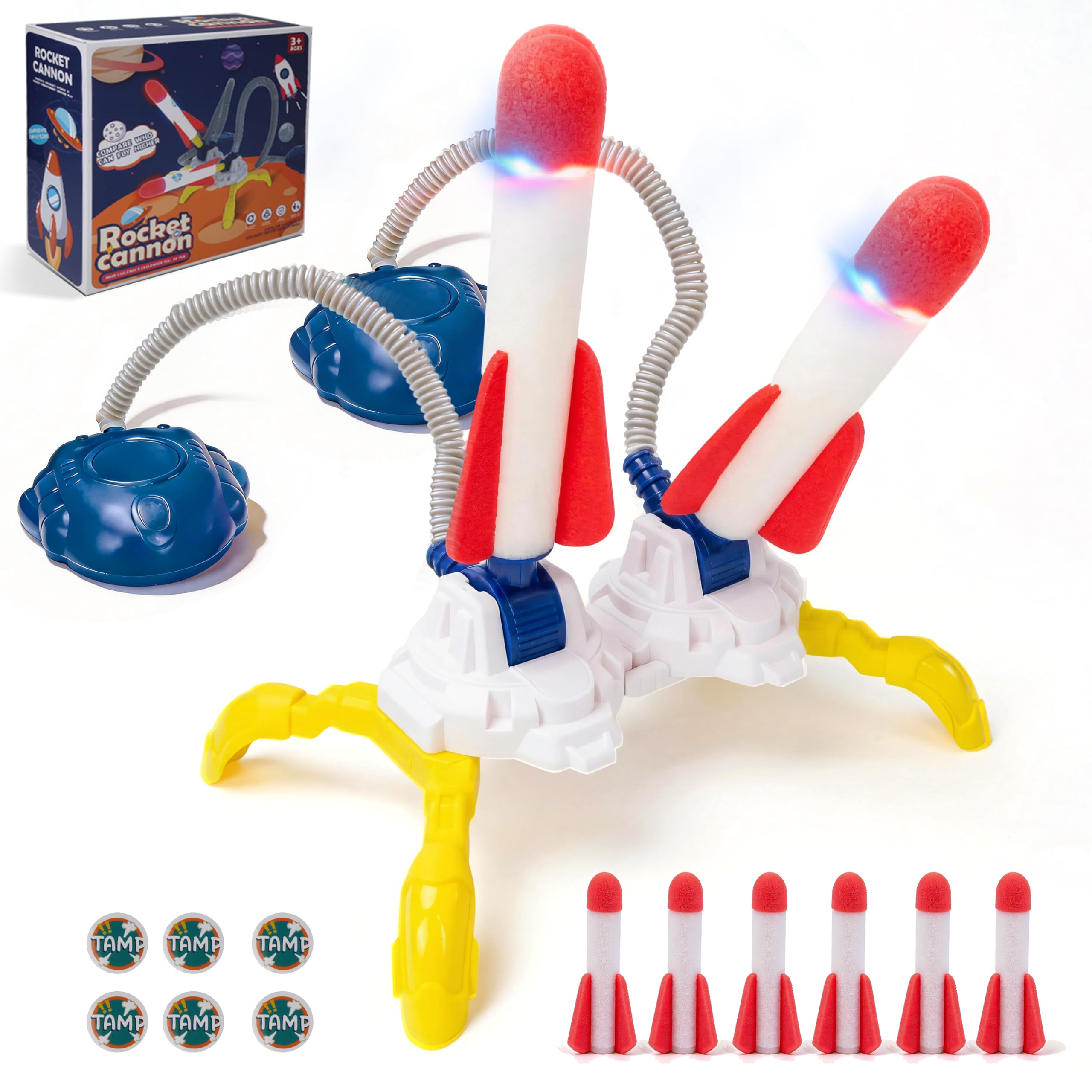 Rocket Launcher Duelling, Double Player Outdoor Rocket Launcher with Air Powered Pump Adjustable Launch Stand 6 Soft Foam Rockets, Outdoor Toys for Family Holiday Backyard Garden Games, up to 115 Feet