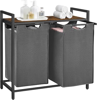 VASAGLE 2-Compartment Laundry Hamper with Shelf 92 L Slate Grey Rustic Brown