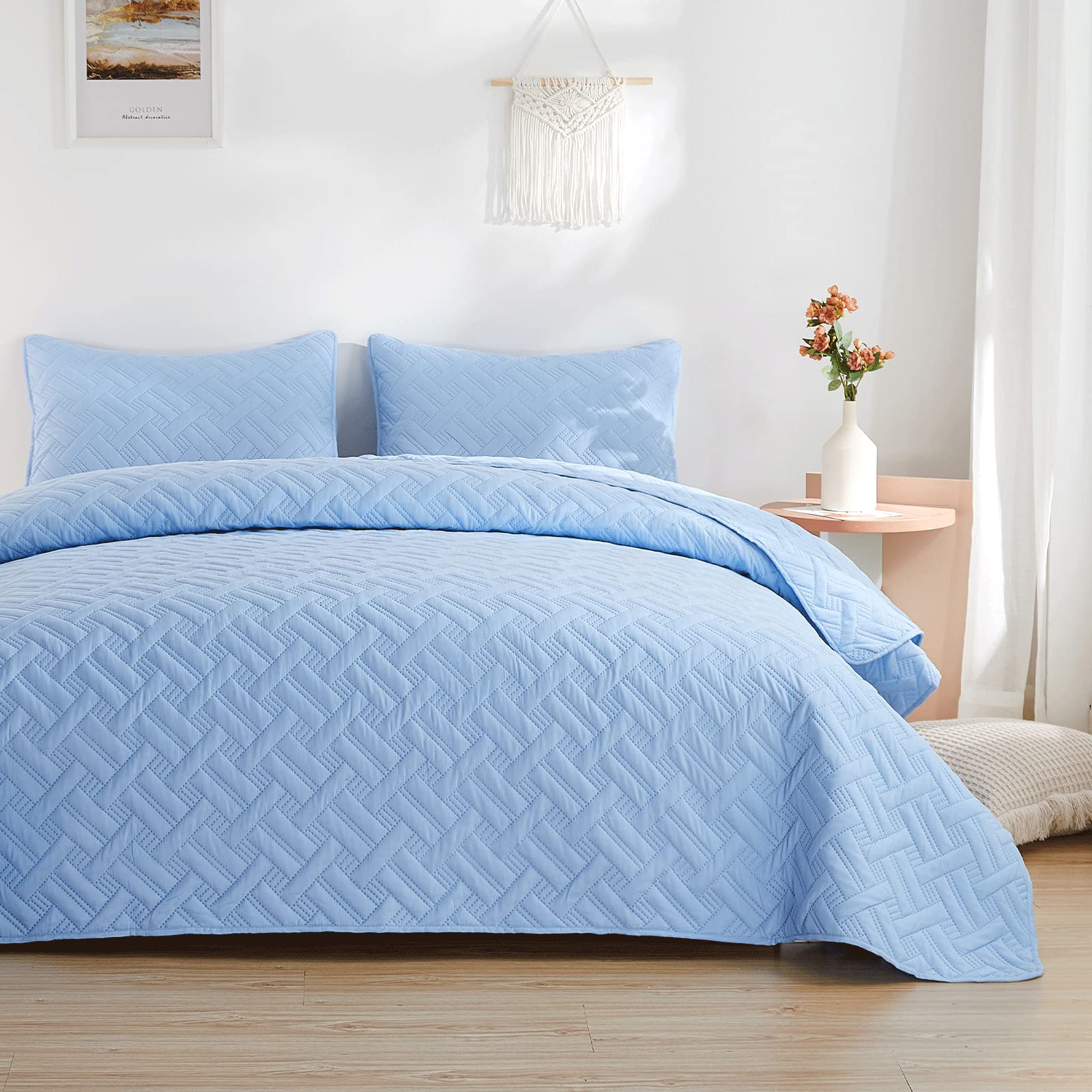 beeweed Quilt Set Double Size 3 Pieces, Lightweight Microfiber Basket Pattern Bedspreads for All Season, Sky Blue Soft Summer Coverlet Set with Ultrasonic Quilting Technology