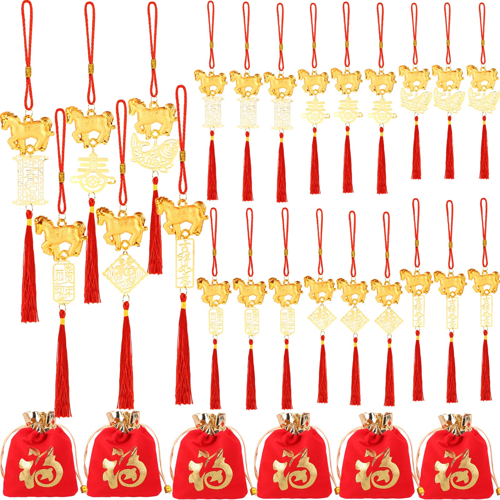 Photo 1 of 24 Pcs Chinese New Year Horse Bulk Decorations Lunar New Year 2026 Red Tassel Ornaments with Wealth Success Good Luck Hanging Decorations for Gifts Home Decor