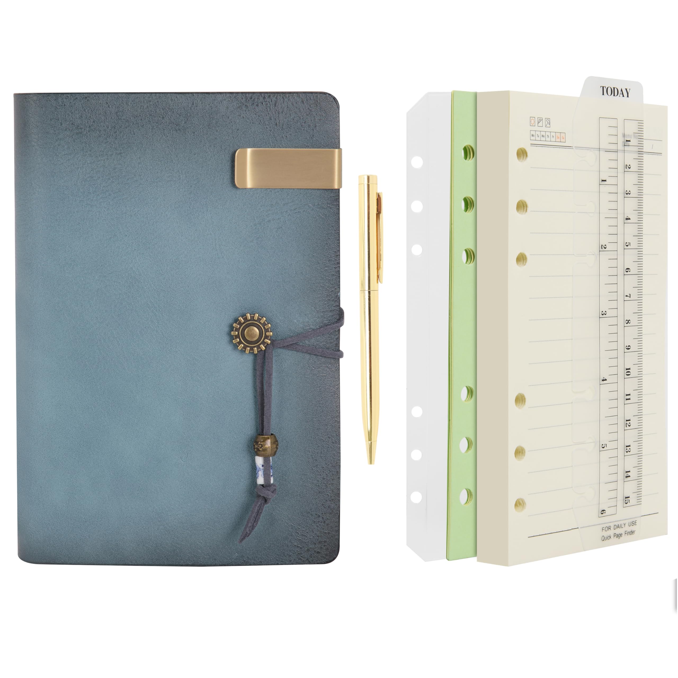 WONDERPOOL Leather Journal Lined Paper Notebook & Pen - Refillable 6 Ring Binder Writing Spiral Diary with Ruled Notepads Vintage Cover for Office Travel Work and Plan Agenda (a-Cyan, A6)