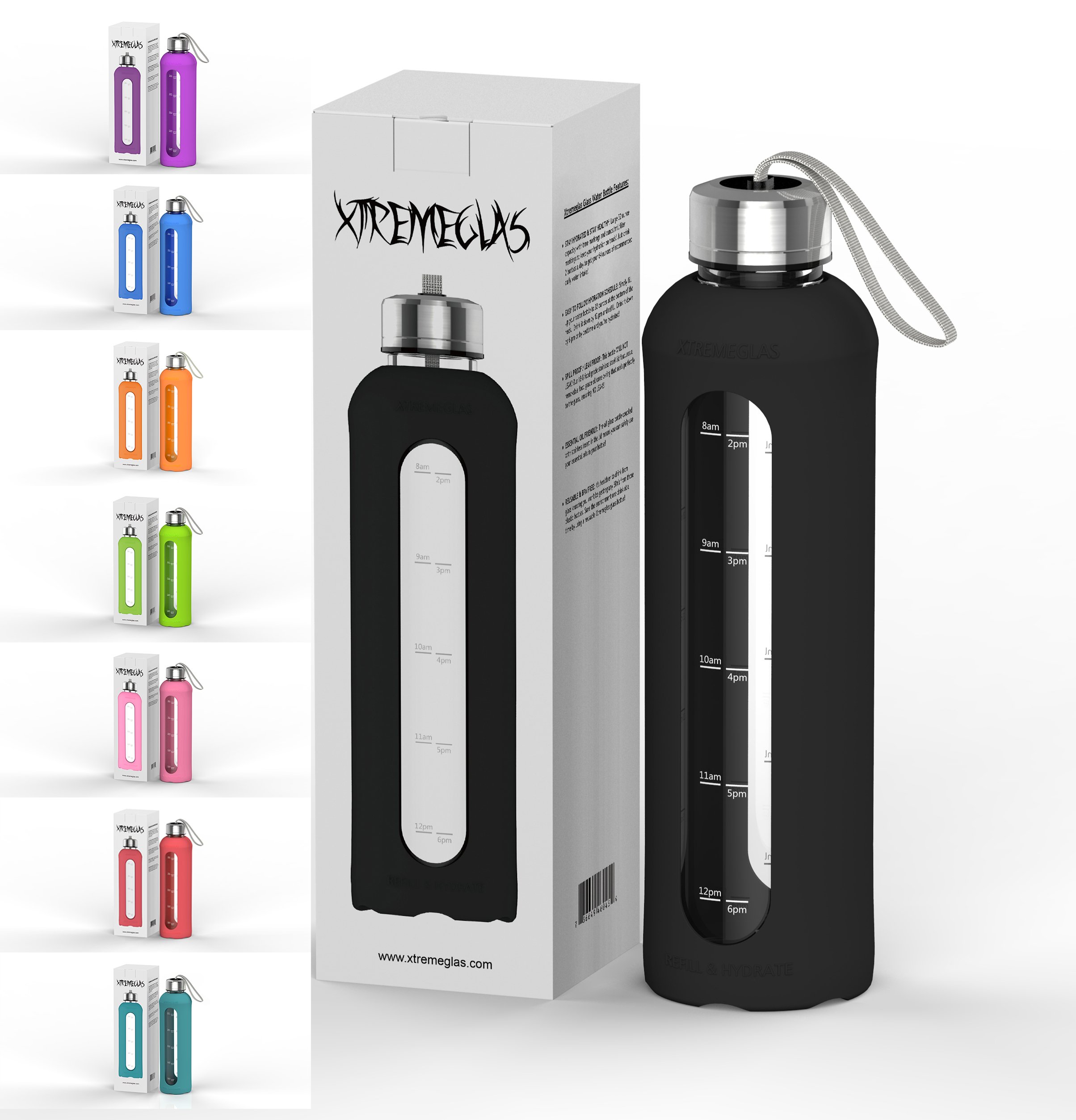 Xtremeglas 32 Oz Glass Water Bottle with Silicone Sleeve Leak Proof Lid