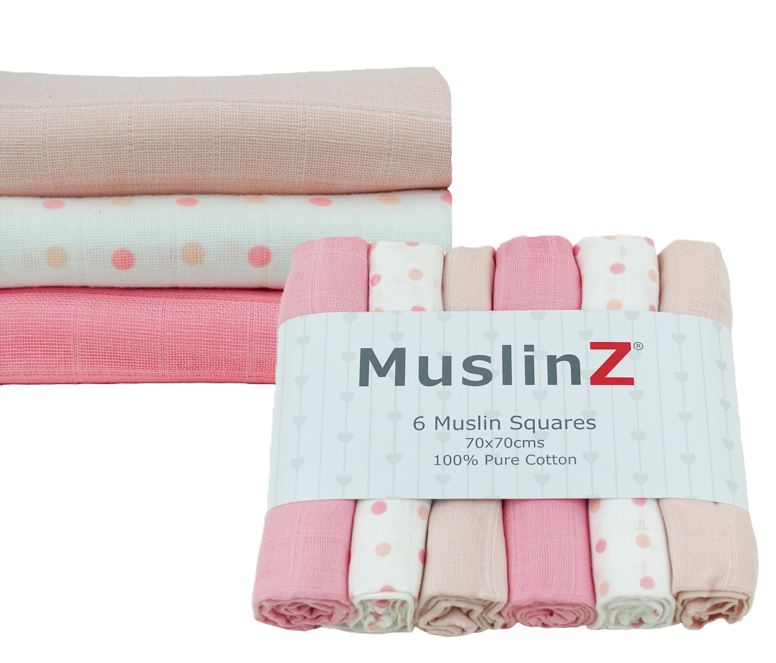 MuslinZ- 6 pack Muslin Squares Baby Burp Cloths 70x70cms Perfect for Newborns, multi-use, Oeko-Tex standard 100, UK brand. (Pink Combo, 6 Pack)