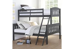 DHP Airlie Convertible Wood Bunk Bed Twin Over Full Size, Stackable and Detachable Bed Frames for Kids, Teens, Angled Ladder, High Guardrail, Wood Slats, No Boxspring Required, Grey
