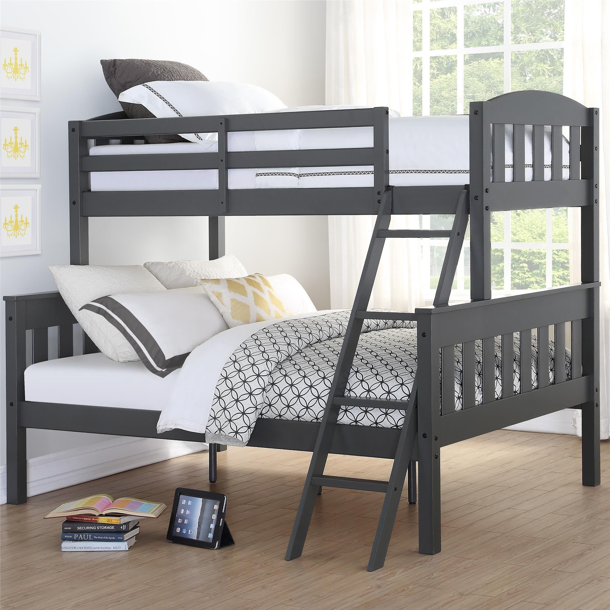 Photo 1 of ***PARTIAL SET***
DHP Airlie Convertible Wood Bunk Bed Twin Over Full Size, Stackable and Detachable Bed Frames for Kids, Teens, Angled Ladder, High Guardrail, Wood Slats, No Boxspring Required, Grey        
