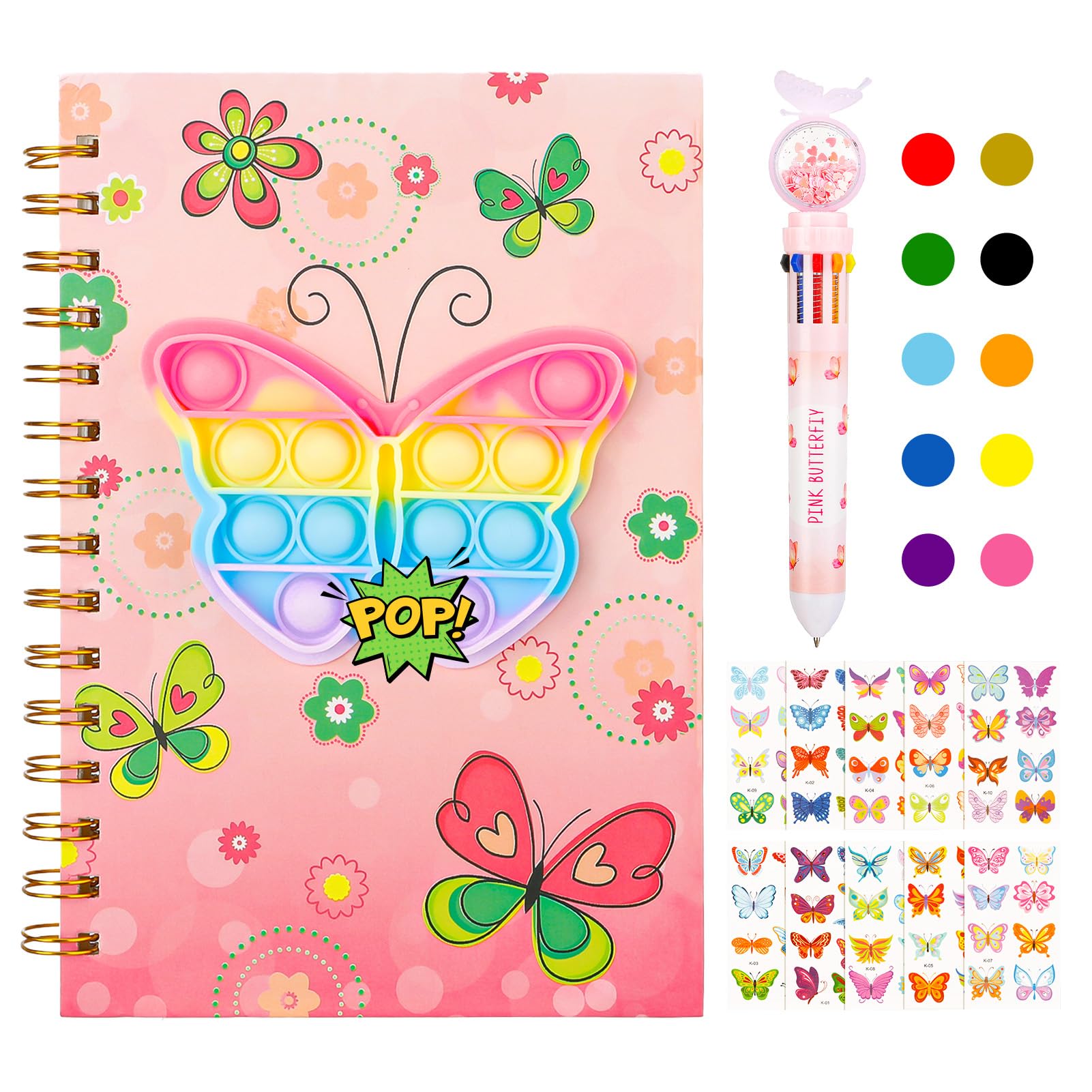 Pop Secret Diary for Girls with Pen and Stickers,8.27 x 5.71 Inches 160 Pages Butterfly Notebook and Pen Set for Girls, Pop Notebook A5 Spiral Kids Journal for Girls Kids Present 6-12 Year Old