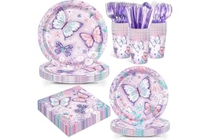 JVORFDG 168pcs Butterfly Party Decorations Purple Butterfly Plates and Napkins Tableware Set Disposable Paper Cups Flower and Butterfly Birthday Party Supplies for Kids Birthday Decor Serves 24 Guest