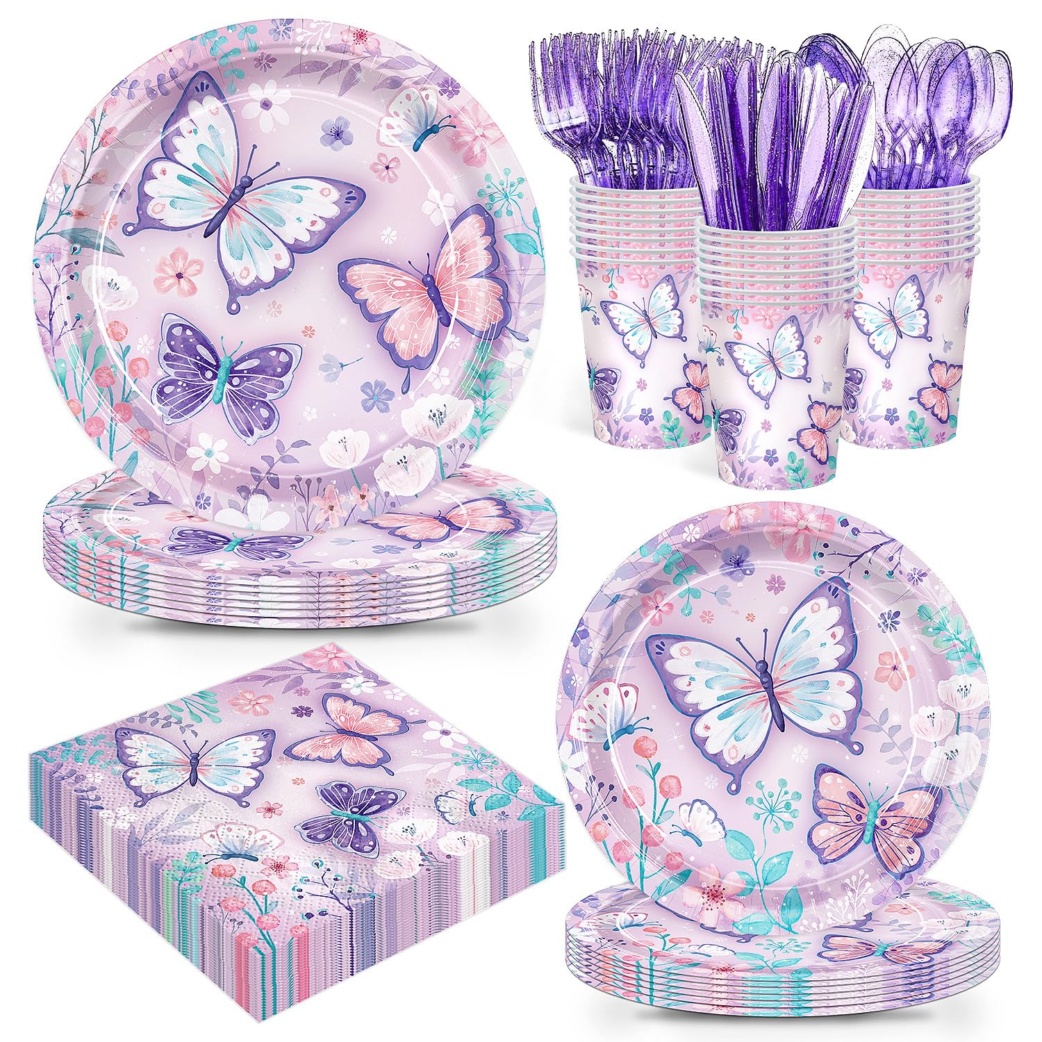 Photo 1 of 168pcs Butterfly Party Decorations Purple Butterfly Plates and Napkins Tableware Set Disposable Paper Cups Flower and Butterfly Birthday Party Supplies for Kids Birthday Decor Serves 24 Guest