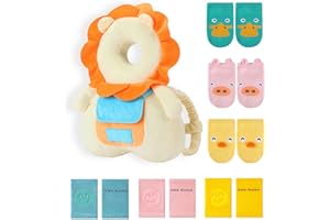 JunNeng Baby Head Protector Backpack with Squeaker, Knee Pads, Anti-Slip Socks, Yellow Lion Sets