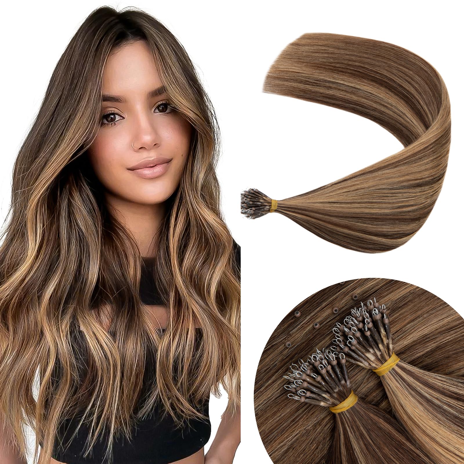 Elailite Nano Hair Extensions Real Human Hair With Nano Beads Rings Cold Fusion 50 Strands 50g Straight (#4/27 Medium Brown Mix Dark Blonde, 24 Inch)