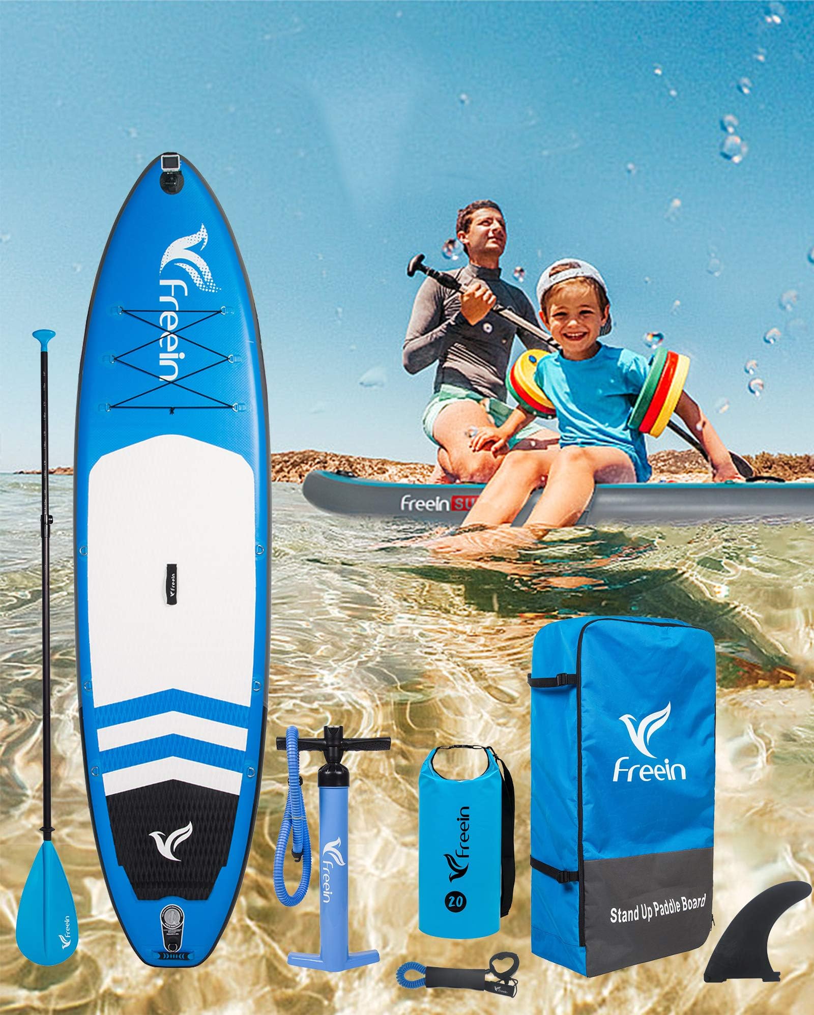 Freein Cruise SUP Set | Inflatable Stand Up Paddle Board | 6” Thick | GoPro Mount | Aluminium Paddle | Air Pump | Rucksack | Leash | Waterproof bag | Multiple sizes: 10’2, 11’Reusable