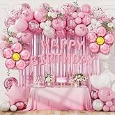 DBKL Pink Birthday Party Decorations, Pearl White Pink Metallic Pink Flower Foil Balloons Birthday Banner Butterfly Fringe Curtains Decorations for Women Girls Party Supplies
