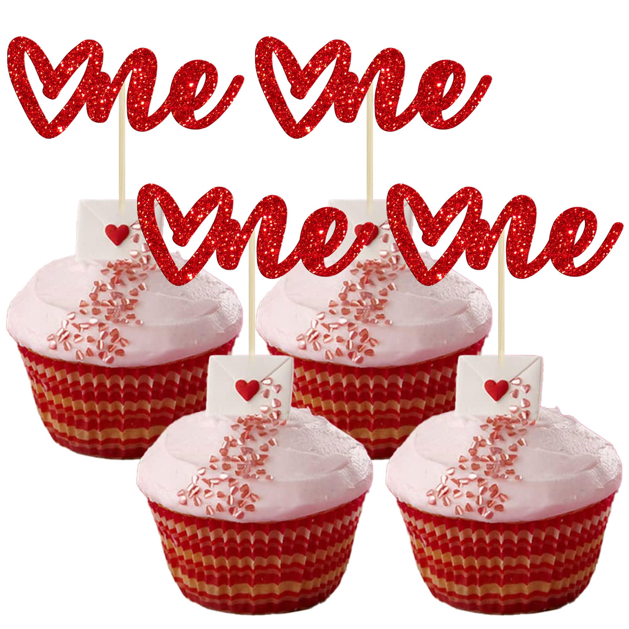 Gyufise 24 Pack Red Glitter Valentine One Cupcake Toppers Valentine Day Cake Toppers Baby Shower Heart One Cupcake Picks for Valentine Theme Boys Girls Birthday Party Cake Decorations