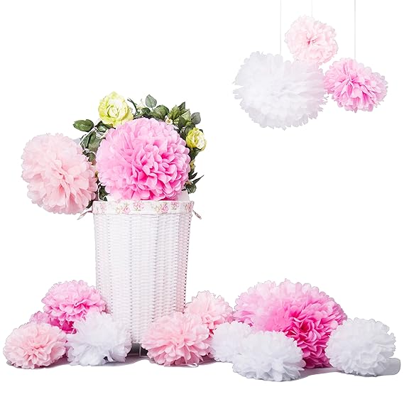 Bliqniq 15 DIY Pompom Pompons Papierblumen Dekoration für Hochzeit/ Gebutztag/ Baby Shower/ Weihnachten Weiß/Hellrosa/Rosa(20