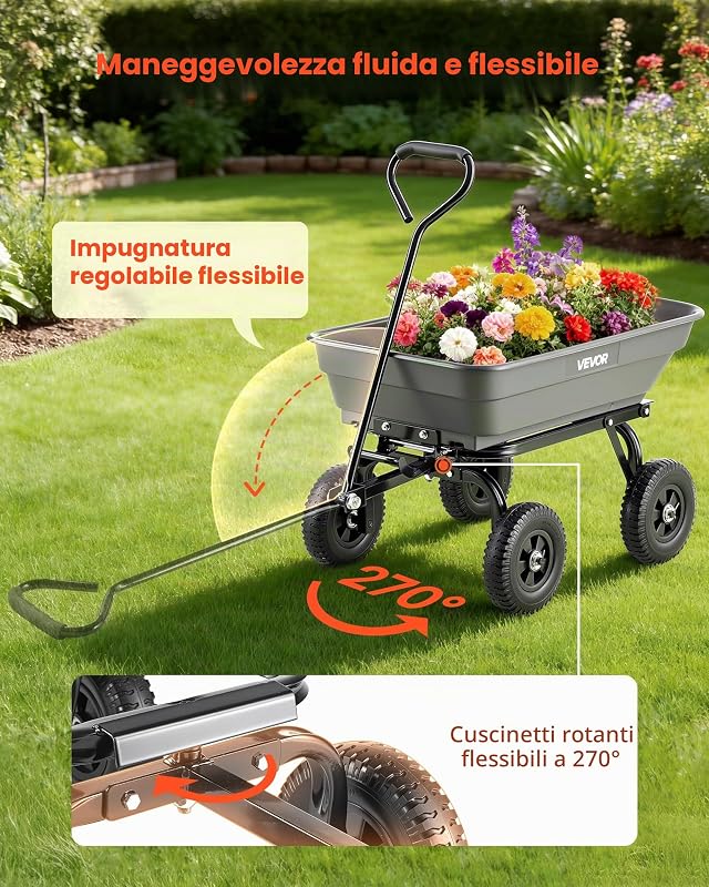 Carrello Ribaltabile per Giardinaggio Carico di 181 kg, con Meccanismo di Scarico Rapido, Ruote Girevoli, Cuscinetti Rotanti Flessibili, Carrello da Giardino per Piante, Terreno, Colture