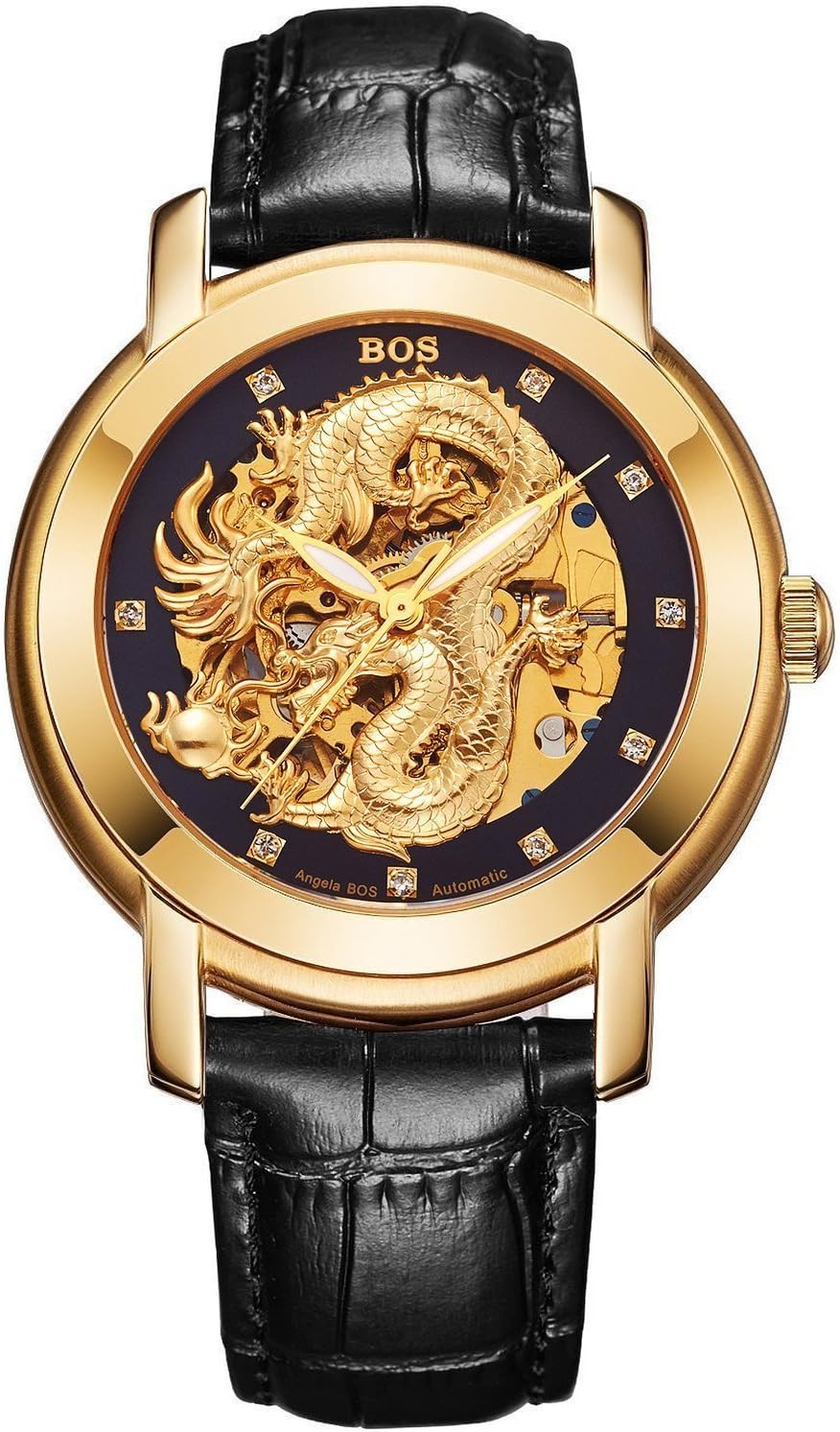 Angela Bos Men's Hollowed Chinese Dragon Fashion Mechanical Waterproof Wrist Watch Black Dial Black Calfskin Band