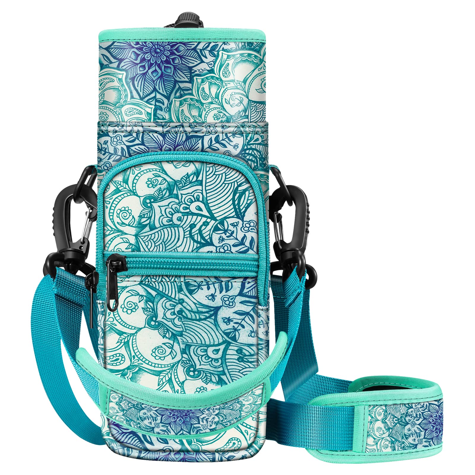 CASEBOT Water Bottle Carrier Bag Sling Case, Sports Water Bottle Pouch Holder Sleeve with Adjustable Shoulder Hand Strap and 2 Pockets for Men Women Hiking Camping Travelling, Emerald Illusions