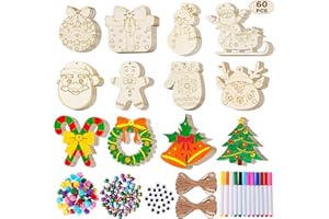 MGparty 60Pcs DIY Wood Slices, Wooden Christmas Ornaments Bulk for Crafts, Unfinished Paintable Wooden Hanging Decorations, Wood Kit for Crafts with 12 Coloured Pens and 60 Jingle Bells