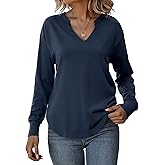 Totatuit Sweatshirts for Women V Neck Long Sleeve Shirts Loose Lightweight Curved Hem Casual Pullover Tops 2025 Fall Navy X-Large