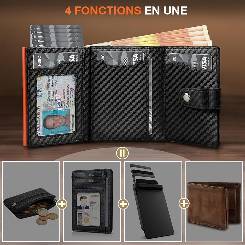 Portefeuille Homme en Fibre de Carbone | Portefeuilles avec Compartiment à Billets & Monnaie | Porte Carte Bancaire Homme avec Blocage RFID | Porte-Cartes de Crédit Bancaire Anti (Noir- Orange)