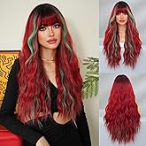 TRUMOST Long Red Wig with Bangs for Women 28 Inch Wavy Curly Synthetic Heat Resistant Fiber Hair Wig Wine Burgundy Daily Party Halloween Christmas Cosplay Wig