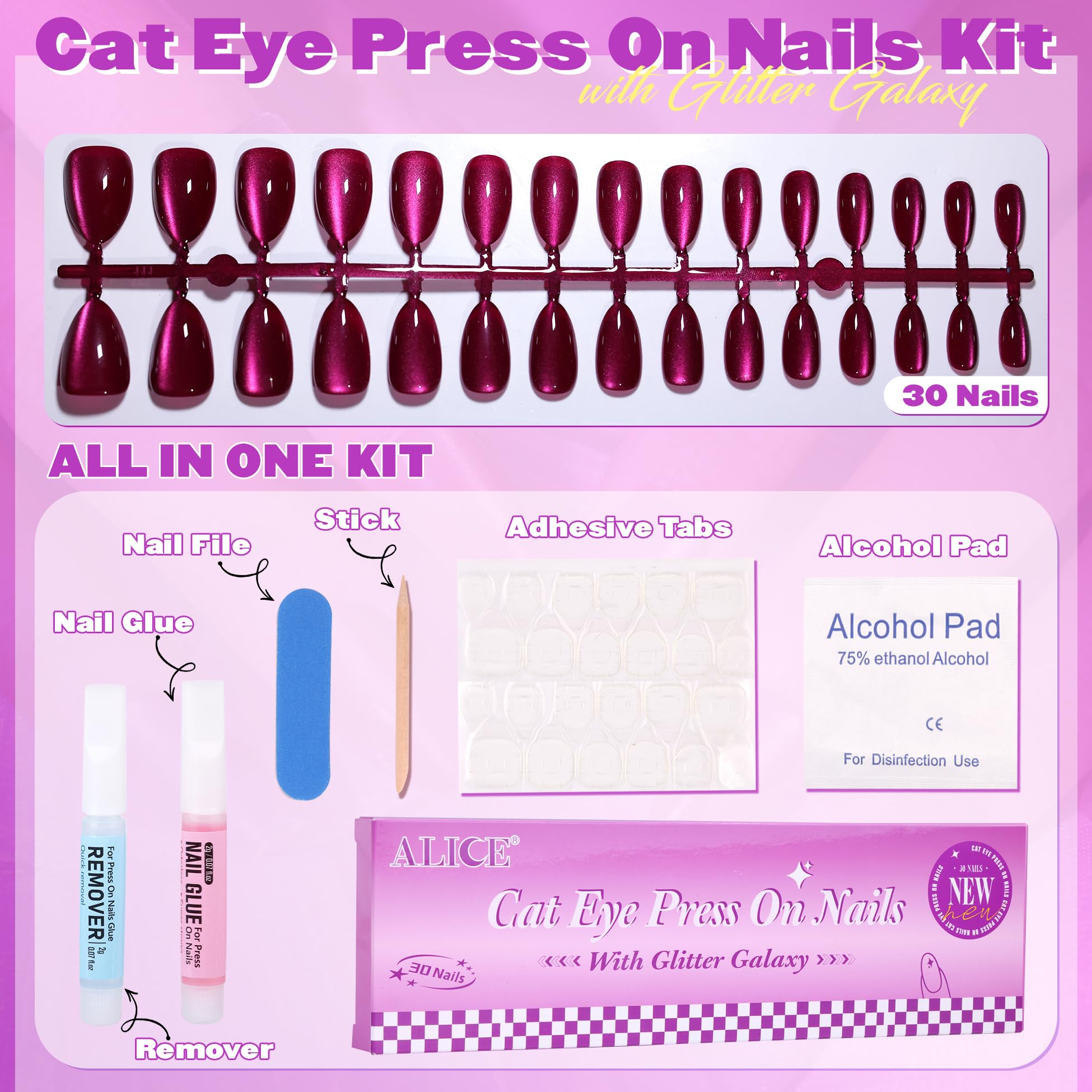 ALICE Press On Nails Short, Natural Almond Stick On Nails, Rose Purple Cat Eye Reusable Press on Nails, Fake Nail 15 Sizes 30 Pcs with Nail Glue and Nail Remover - Image 4