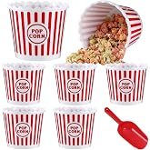 Roshtia 6 Pcs Reusable Popcorn Buckets with Scoop Movie Theater,Stripe | 75 oz Plastic Red Retro Style Containers, Popcorn Supplies for Party Movie Night Theater Theme Home Entertainment Gatherings