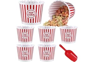 Roshtia 6 Pieces Plastic Popcorn Containers Reusable Buckets 75 oz Popcorn Boxes Bowl with Scoop Retro Style Red Plastic Scoop Set for Movie Theater Night(Stripe)