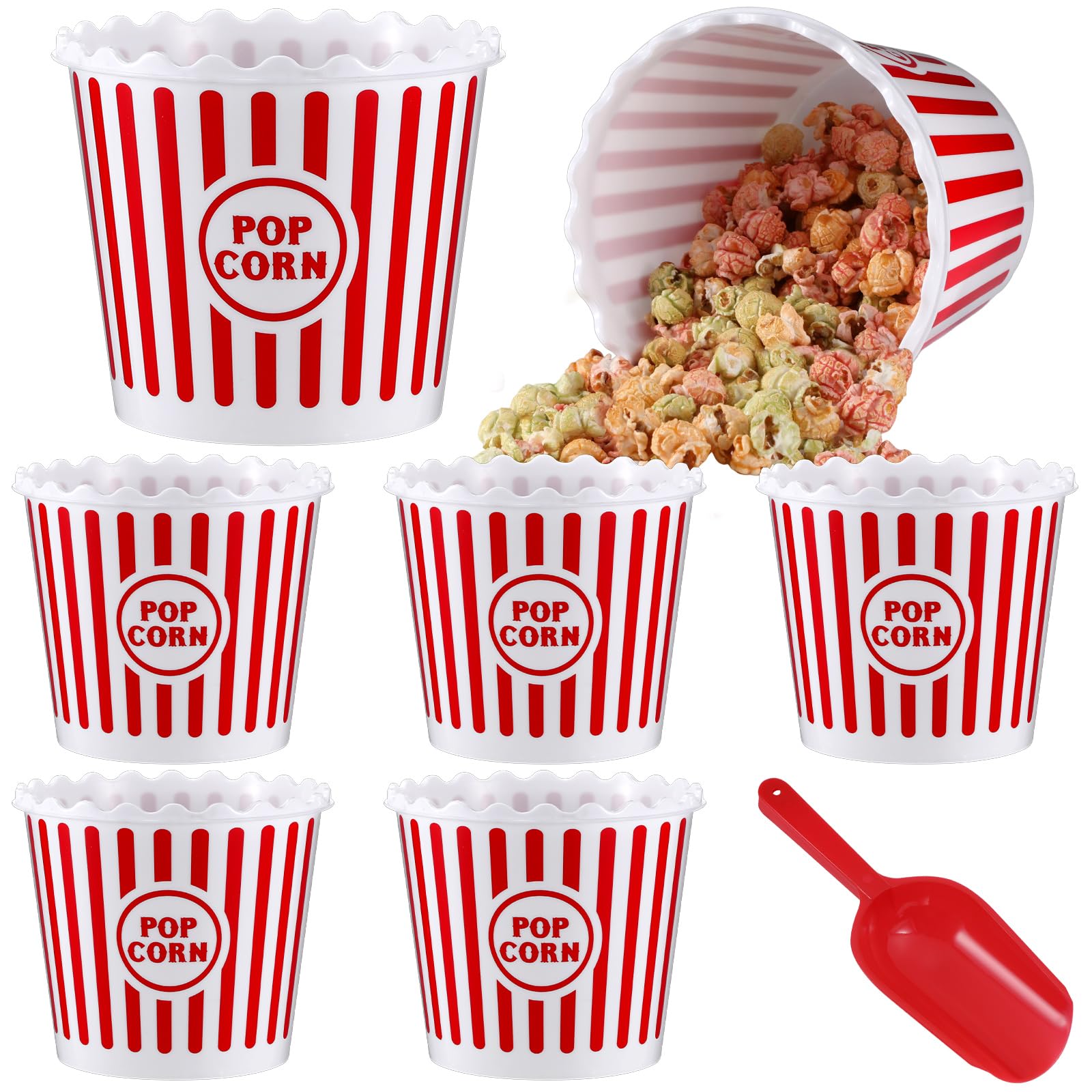 Photo 1 of Roshtia 6 Pieces Plastic Popcorn Containers Reusable Buckets 75 oz Popcorn Boxes Bowl with Scoop Retro Style Red Plastic Scoop Set for Movie Theater Night(Stripe)