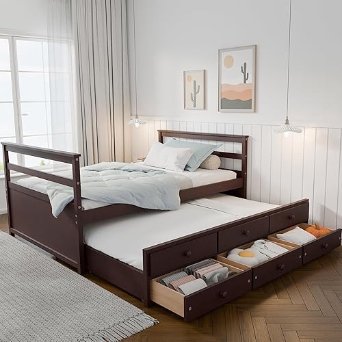 TOLEAD Twin Bed with Trundle, Twin Size Pull Out Bed, Solid Wood