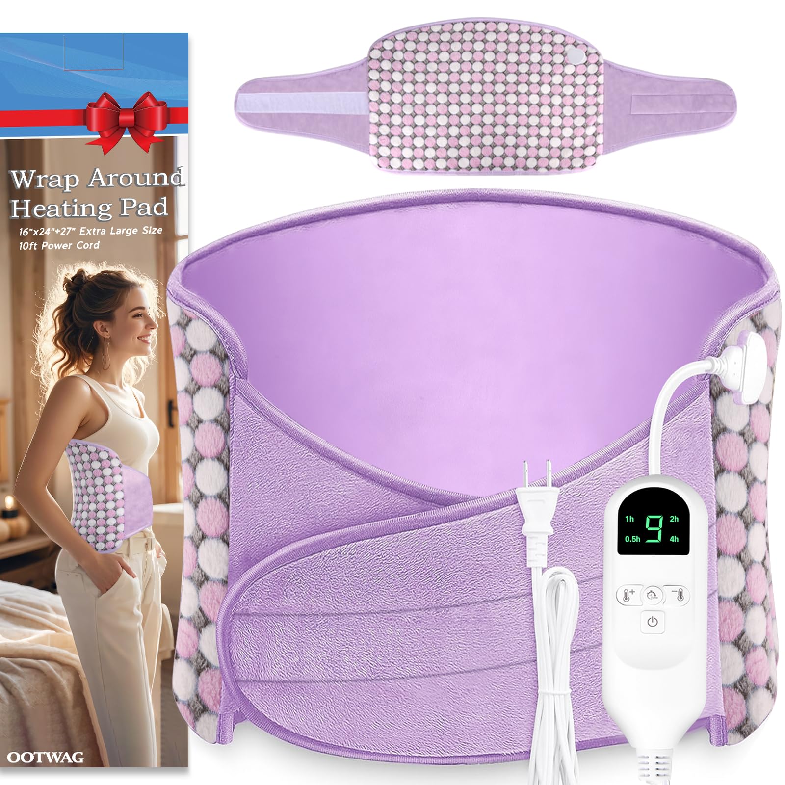 Photo 1 of Extra Large Heating Pad for Period Cramps/Back Pain Relief,16 * 24" Heat Pad+27" Belt Wearable?51" in Total 4 Timer(0.5H/1H/2H/4H) 9 Heat 10ft Long Cord Electric Wrap Around Heating Pad(Purple)