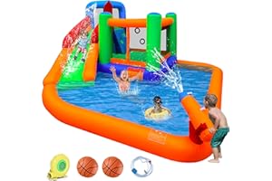 BESTPARTY Inflatable Water Slide Spin Combo Jumper Bounce House with Large Slide, Bounce Area, Climbing Wall, Splash Pool, Water Cannon, Basketball Rim, Blower for Backyard Party
