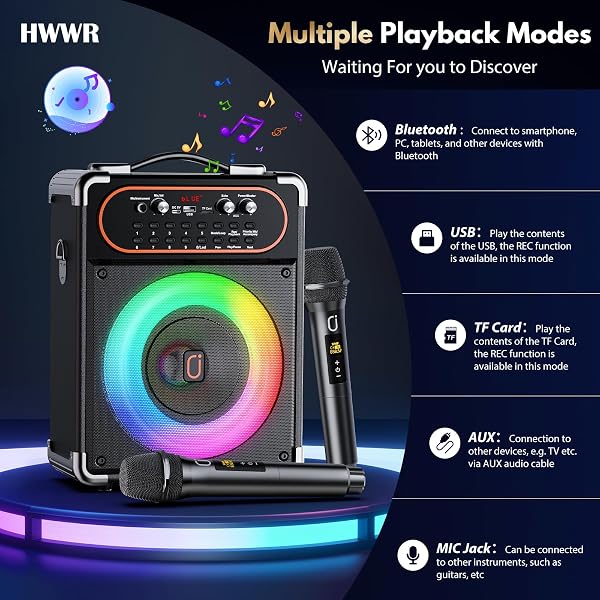 HWWR KARAOKE MACHINE WITH 2 WIRELESS 2.4G 0-DELAY MICROPHONES FOR ADULTS,PORTABLE BLUETOOTH 5.3 SPEAKER WITH ECHO ADJUSTMENT AND DEEP BASS,SUPPORTS TWS/TV/GUITAR FOR FAMILY PARTY,BACKYARD BBQ(2 MICS)
