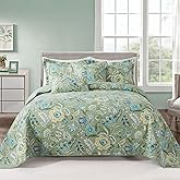 VAPUTAR King Quilt Bedding Set - Cotton Bedspreads King Size (98 x 106 inch) with Floral Pattern, Farmhouse Lightweight King Size Quilt Suitable for All Season(3 Pieces, Olive Green)