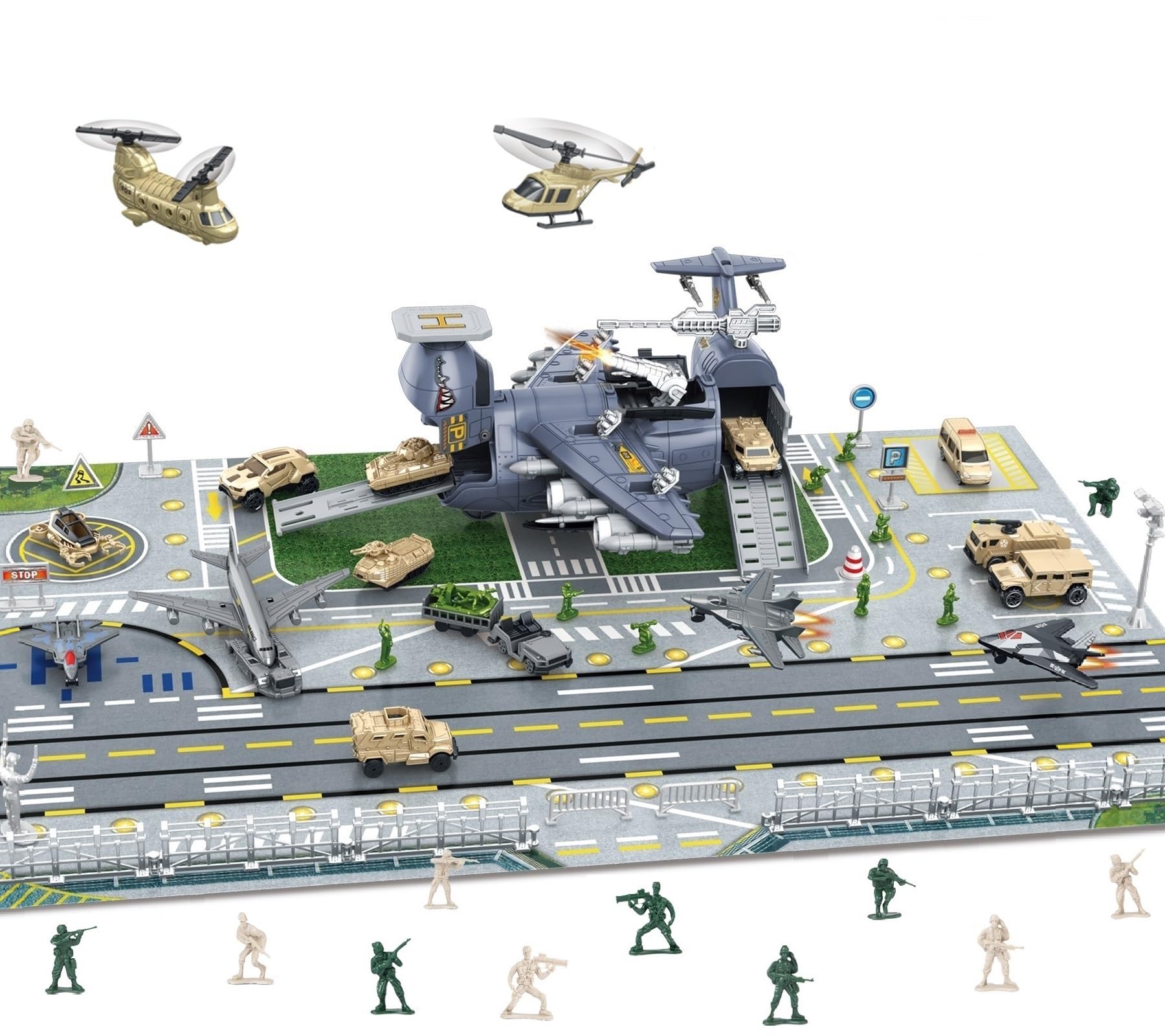 Military Transport Cargo Airplane Cars Toy with Vehicle Soldier Helicopter Combat Toy,Aircraft Model Toys Playset with Figures,Mini Fighting Vehicle Army Men Base Play Map for Kids Boys Girls Age 3+
