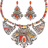 LUOEM Bohemian Jewelry Set Women Colorful Resin Bib Necklace and Earrings Set Ethnic Style Statement Necklace Earrings for Weddings Parties Everyday Wear