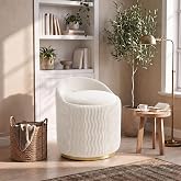MALOL Vanity Chair with Storage, 360&deg; Swivel Velvet Makeup Chair with Wave Backrest, Modern Upholstered Round Accent Chair, No Assembly Vanity Stool for Bedroom, Dressing Room &amp; Living Room, White