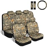 BDK Hunter Camo Car Seat Covers Full Set with Camo Steering Wheel Cover and Seat Belt Cover Pad – Forest Camouflage Pattern, Automotive Front Seat & Bench Back Seat Cover for Cars Trucks SUV