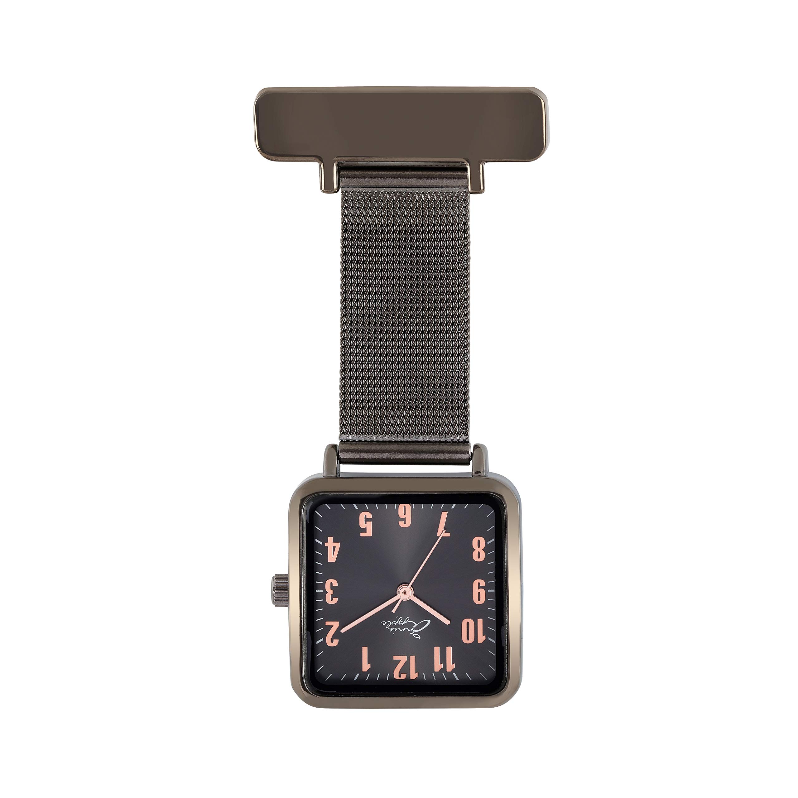 Annie Apple Nurse Fob Watch – Antique Bronze Square Case with Gunmetal Mesh Strap, Pocket Watch for Nurses, Hairdressers & Beauticians